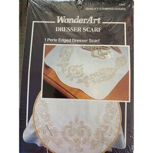 WonderArt Cross Stitch Stamped Fleur De Lis Perle Edged Dresser Scarf 15" x 42"